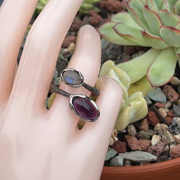 Jewelry - Sterling Double Stone Open Ring with Purple and Iridescent Gemstones
